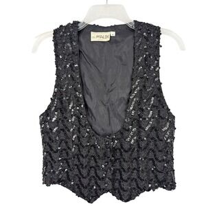 Malbe Vintage Black Sequin Cropped Vest Womens Small V-Neck Zig Zag Glam